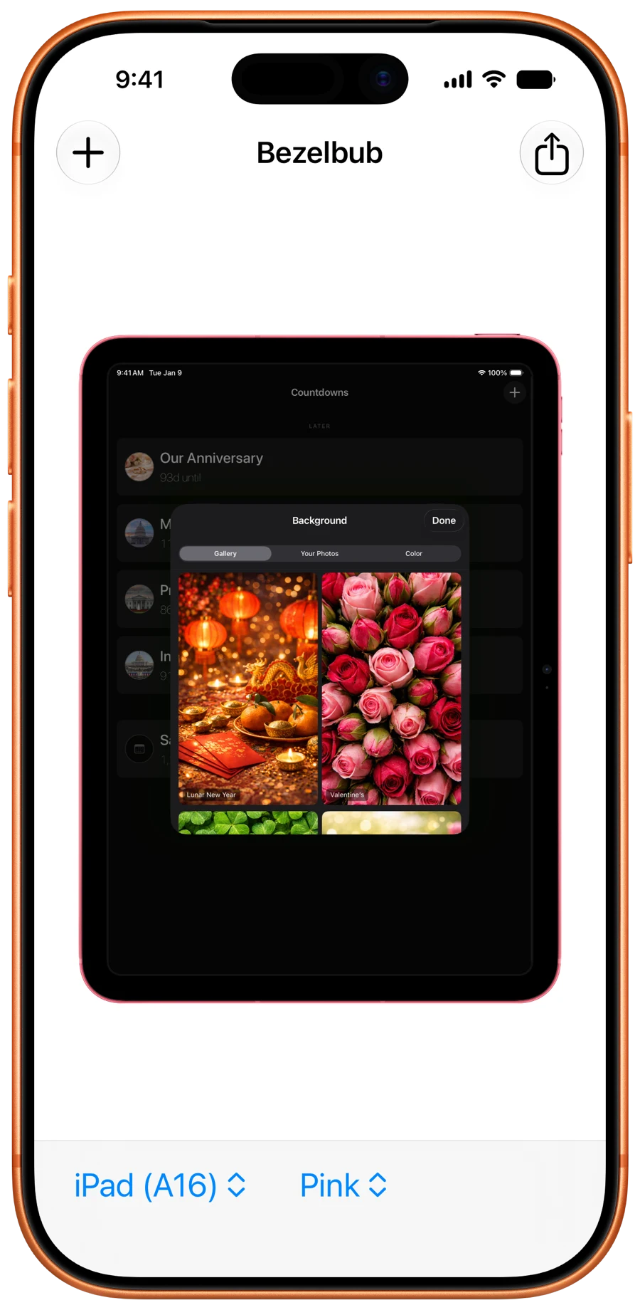 Bezelbub running on an iPhone 17 Pro in a Cosmic Orange bezel, framing a Countdowns iPad screenshot in a pink iPad (A16) bezel