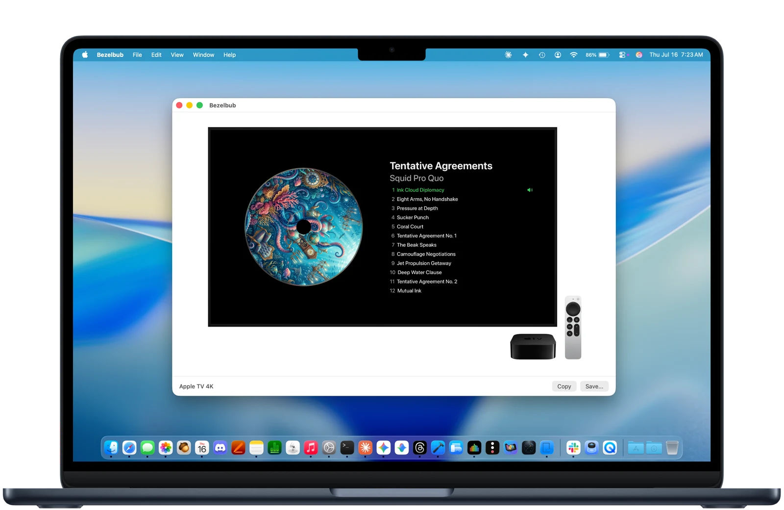 A full macOS desktop framed in a Midnight MacBook Air bezel, with Bezelbub framing a CD Wally Apple TV screenshot, the Apple TV and Siri Remote included in the bezel art