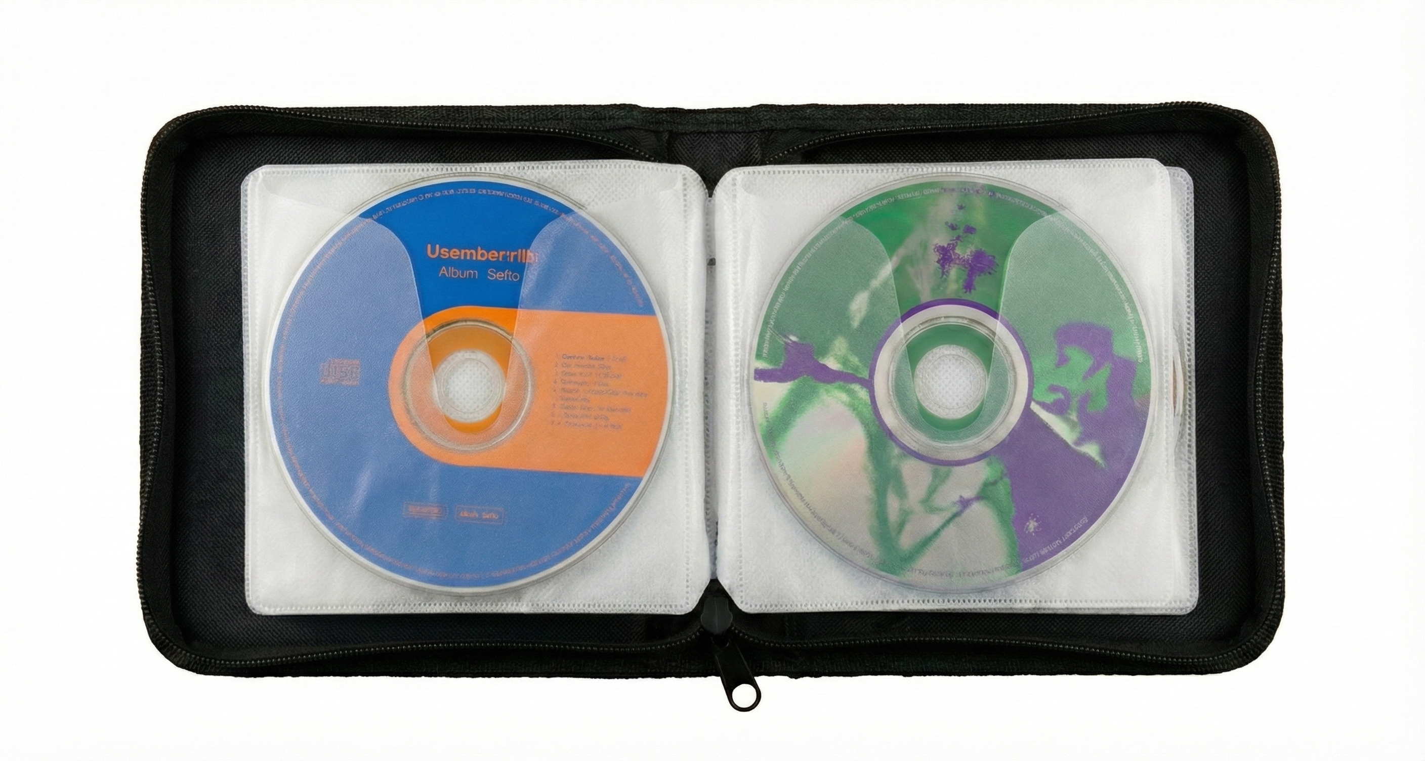 CD wallet open showing two album discs in woven sleeves