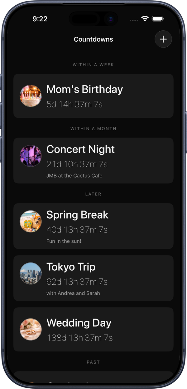 Countdowns app showing a list of upcoming events