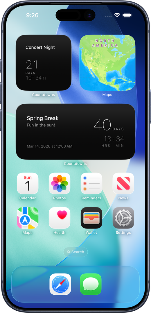 Countdowns widgets on home screen and lock screen