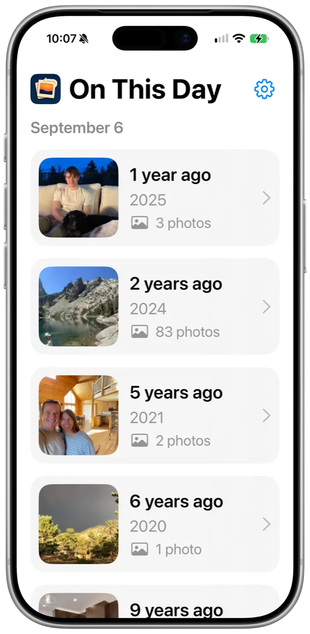On This Day showing one card per year for September 6, each with a cover photo and a photo count