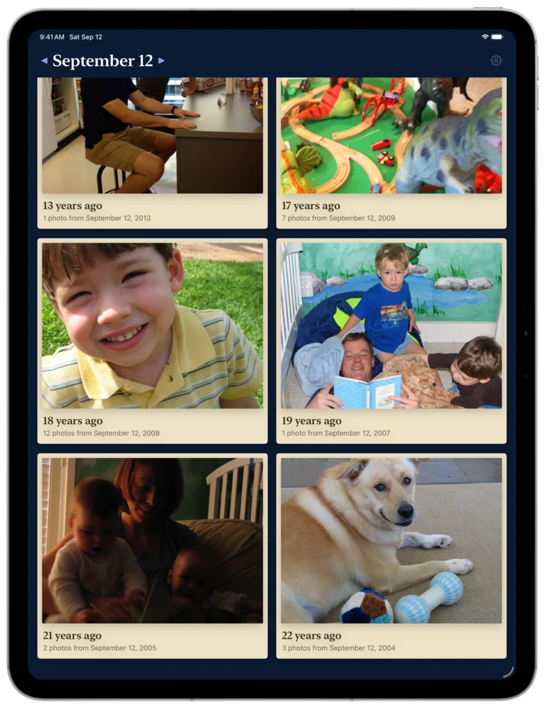 On This Day in dark mode on an iPad, prints of photos from 13 to 22 years ago on a navy background