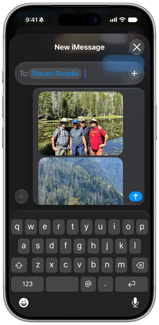A new iMessage being composed with two photos from On This Day attached