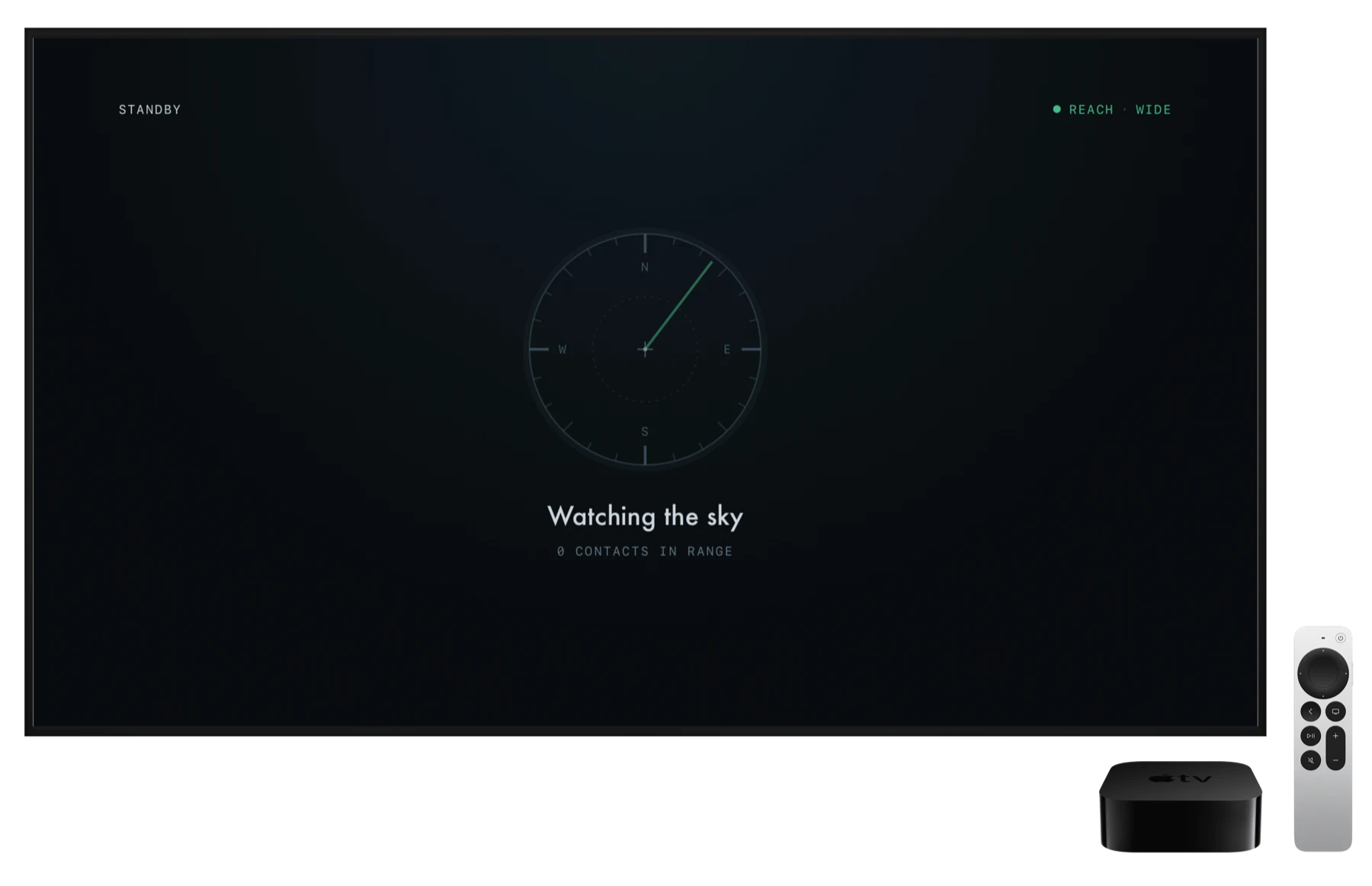 Overflight's standby state on Apple TV: an empty radar scope with a slowly turning sweep line, the words Watching the sky, and zero contacts in range.