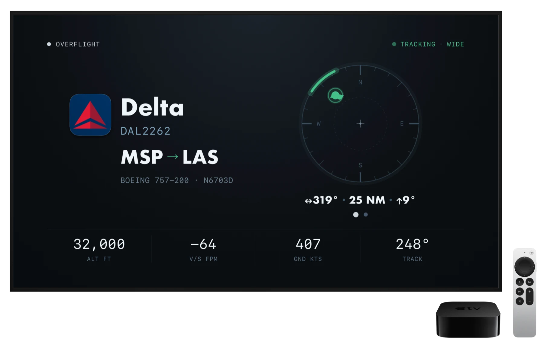 Overflight running on an Apple TV: a Delta Boeing 757-200 from Minneapolis to Las Vegas identified on a radar scope, with altitude 32,000 feet, ground speed 407 knots, and track 248 degrees.