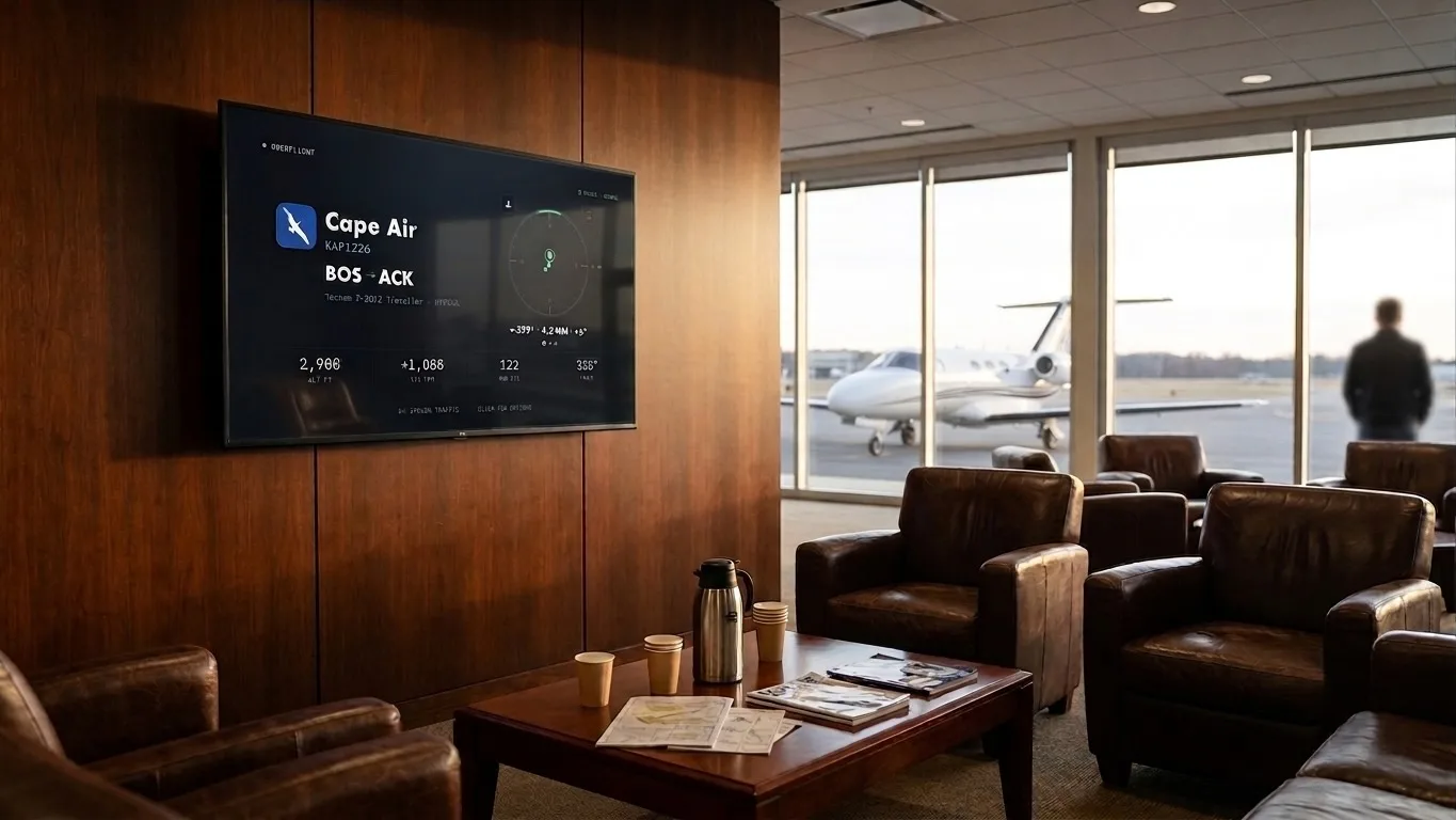 A wall-mounted TV in a private-aviation lounge showing Overflight tracking a Cape Air flight, with leather armchairs, charts on a coffee table, and a light jet parked on the ramp outside the windows.
