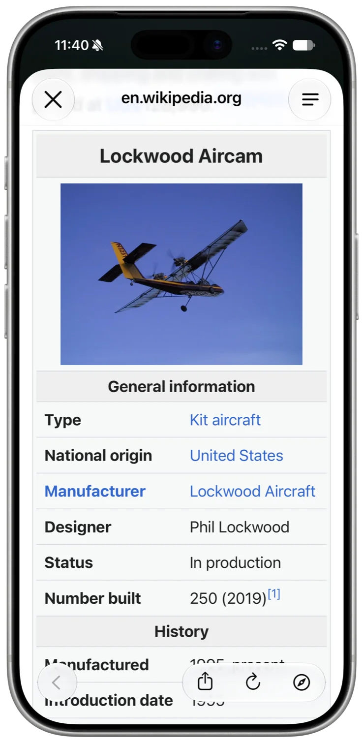 The Wikipedia article for the Lockwood Aircam, a twin-engine open-cockpit kit aircraft, open inside Overflight.