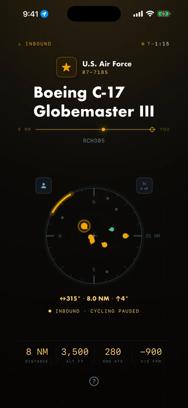 Overflight on iPhone in the amber INBOUND takeover state with a countdown.