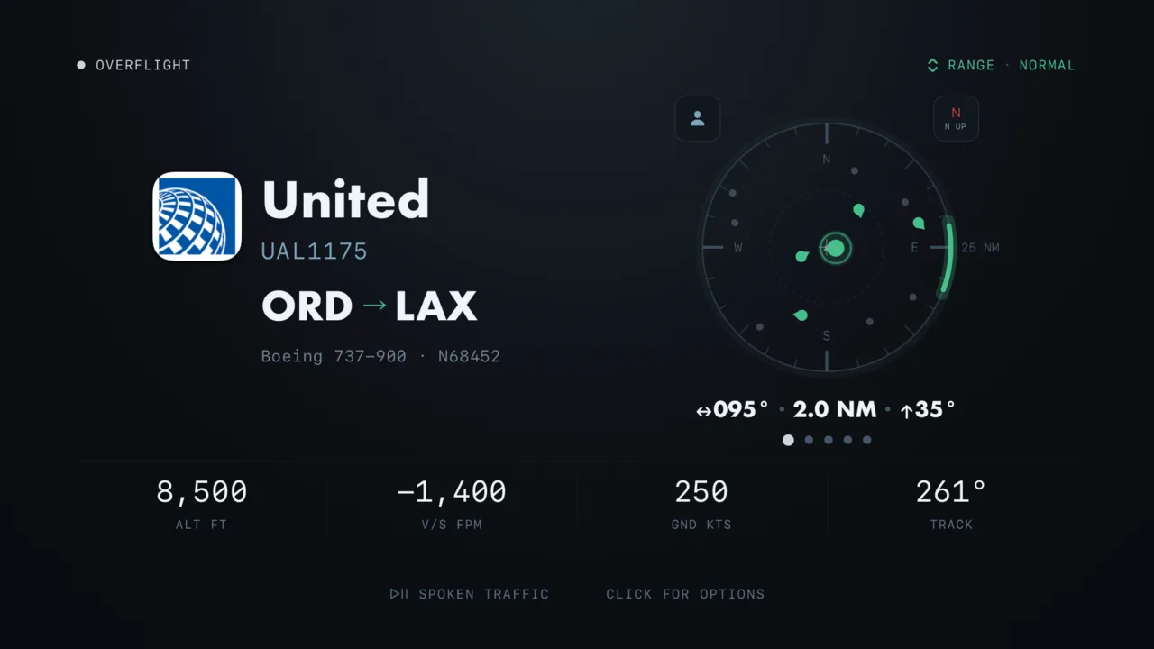 Overflight on Apple TV tracking a busy arrival stream, one airliner identified in focus.