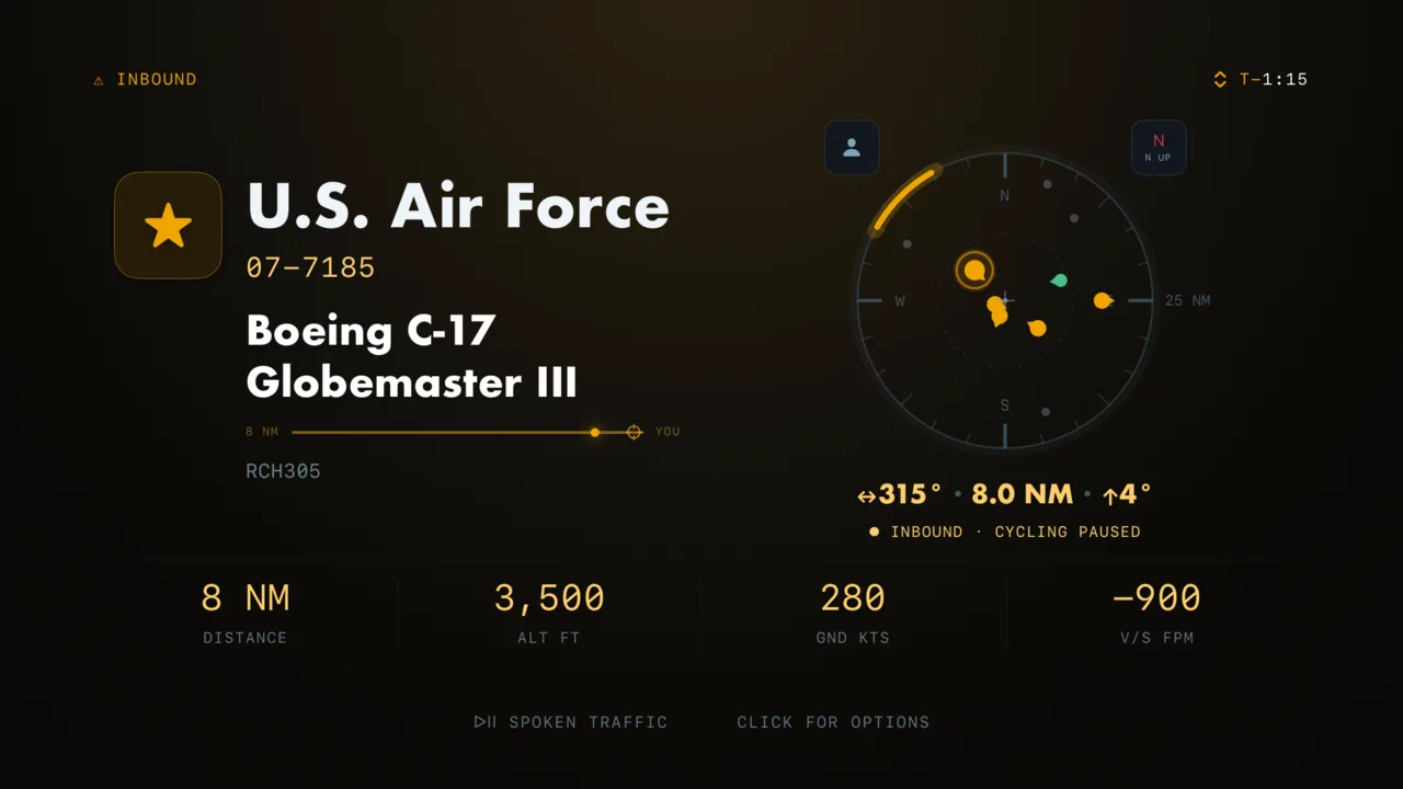 Overflight on Apple TV in the amber INBOUND state, a U.S. Air Force C-17 with a countdown.
