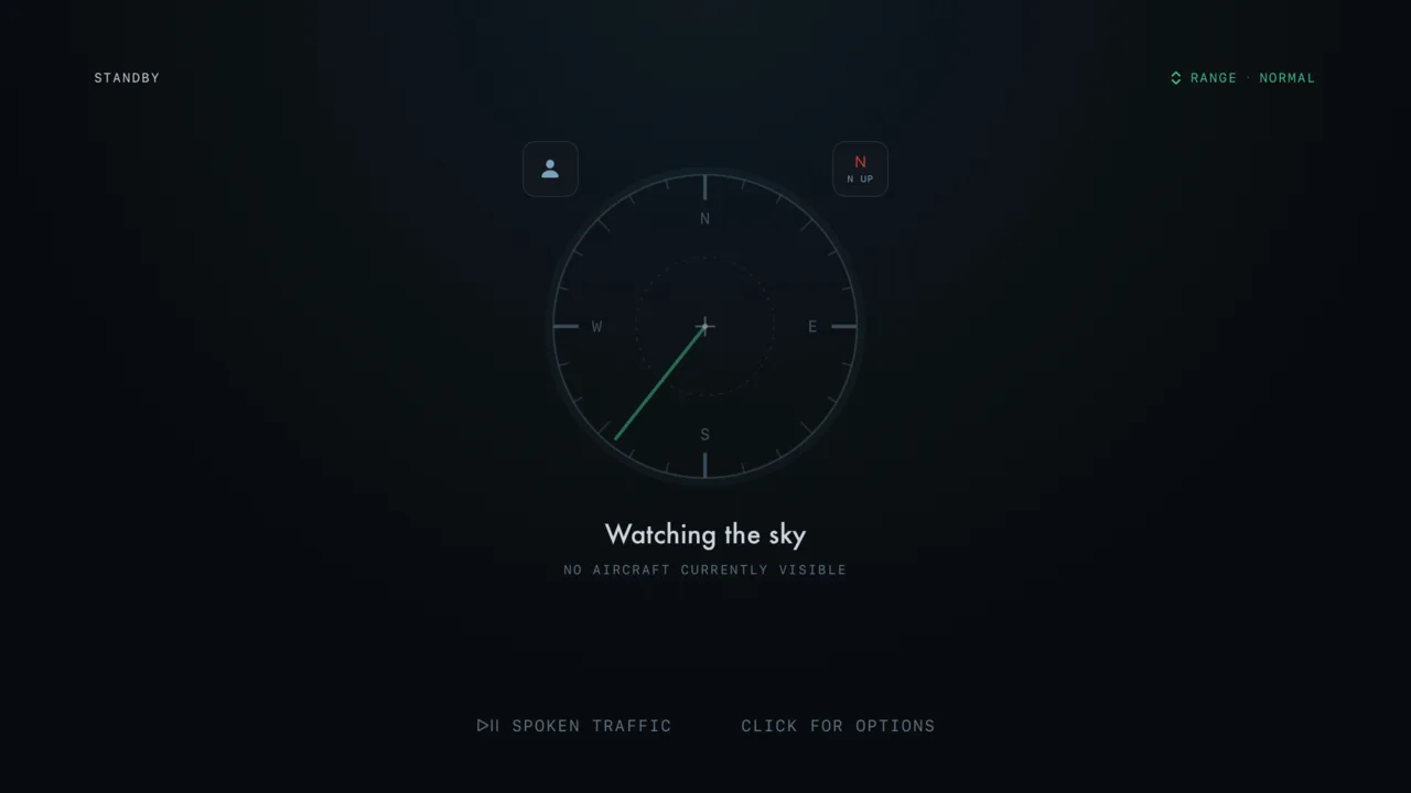 Overflight on Apple TV in standby over an empty sky, a sweeping radar line.